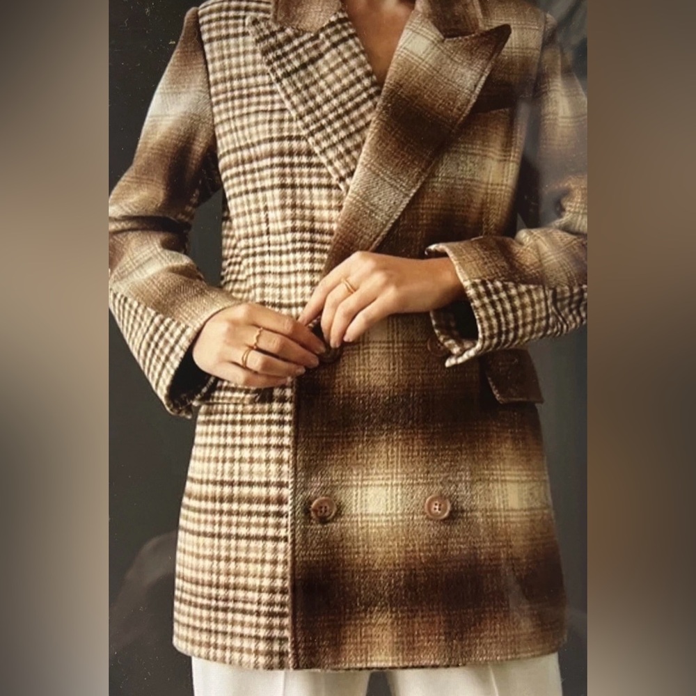 New Avec Les Filles Mixed Brown Plaid Boxy Blazer Size Medium - Picture 11 of 13